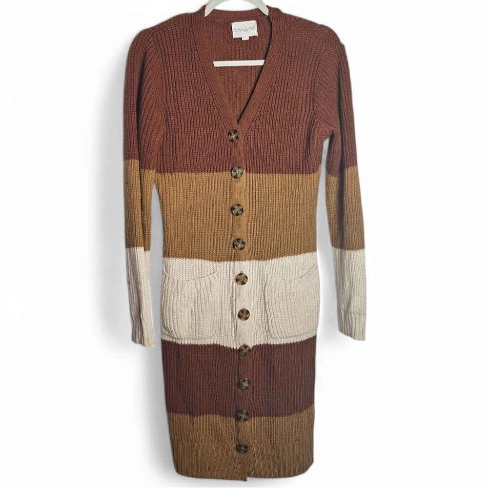 Olive & Oak Long Sweater Colorblock Button Front Fall Autumn Layer Large Womens